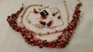 3 Vintage Shell Necklace,  1 Dyed Red,  1 Signed Sc,  Coral Chips,  3 Pair Earrings