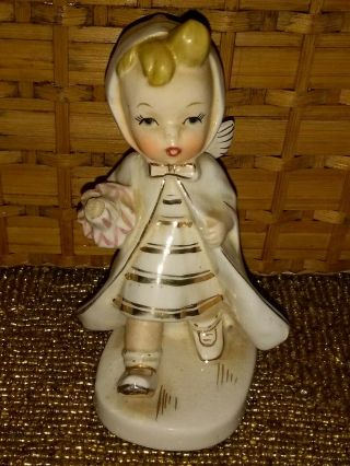 Vintage Napco Ceramic White Angel With Umbrella Figurine 230  No Handle