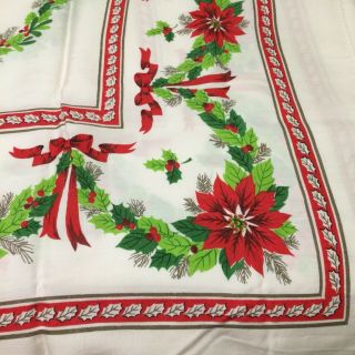 Vintage Christmas Tablecloth White Red Poinsettias Bows Green Holly Oval 52 X 66