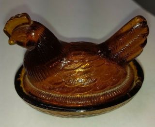 Vintage Indiana Carnival Brown / Amber Glass Hen On A Nest Covered Candy Dish