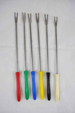 Vintage Fondue Fork Set Of 6 Stainless Steel Colored Plastic Handles Retro