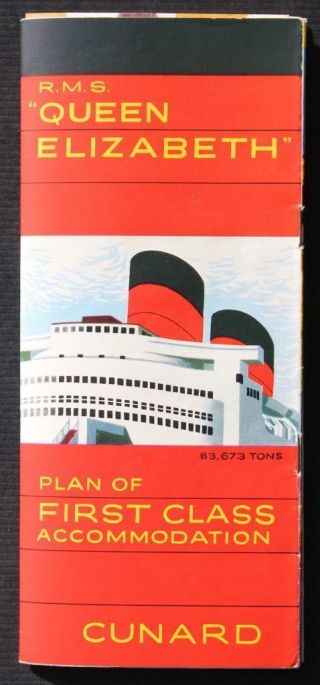 Cunard White Star Line Rms Queen Elizabeth 1st Class Pull Out Full Deck Plan 60s