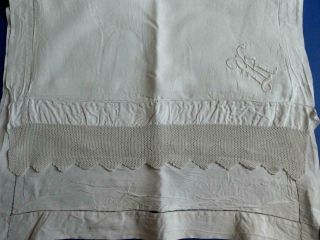 Vintage White Irish Linen Pillow Case Crocheted Lace,  Cloth Buttons,  Monogrammed