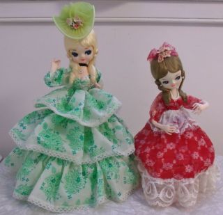2 Vintage Big Eye Boudoir Dolls - Made In Korea 1970s Southern Belles Red/green