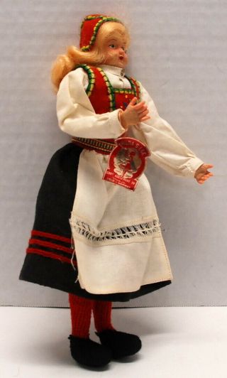 Vintage Hilda S.  Ege 9” Doll In Hardanger Folk Costume With Tags.