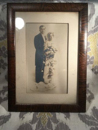 Vintage Black And White Wedding Photo In Wood Frame Brown & Black Strips