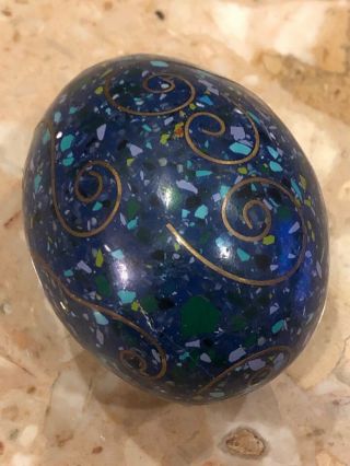Vintage Blue Brass Swirl Stone Speckled Glass Egg Shaped Paperweight 2.  50 "