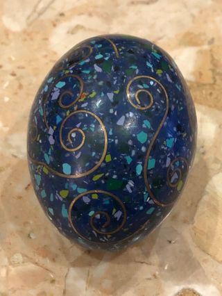 Vintage Blue Brass Swirl Stone Speckled Glass Egg Shaped Paperweight 2.  50 