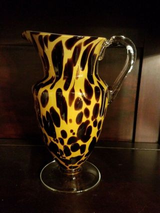 Vintage Murano Art Glass Pitcher Leopard 11 " Hand Blown Footed