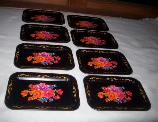 Vintage Toleware Black Floral Mini Snack Trays - Set Of 8