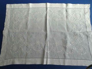 Good Vintage Irish Linen Tray Cloth,  Table Mat Hand Embroidered Whitework Etc