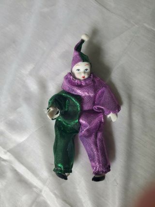 Vintage Porcelain Clown Jester Harlequin Doll Figure Purple And Green