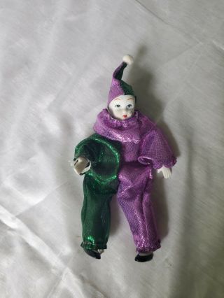 Vintage Porcelain Clown Jester Harlequin Doll Figure Purple and Green 2