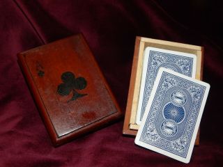 Vintage Wooden Playing Card Box Ace Of Clubs Decoration With Playing Cards.