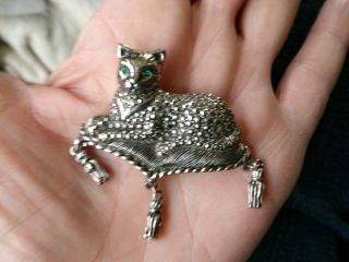 Vintage Cat On Pillow Brooch Faux Marcasite Silver Tone Signed