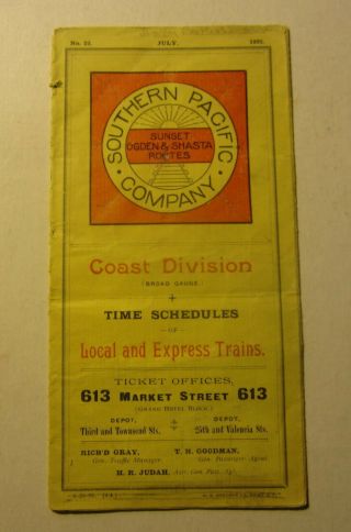 Old 1891 - S.  P.  Railroad Coast Division Time Schedules - Monterey - Santa Cruz