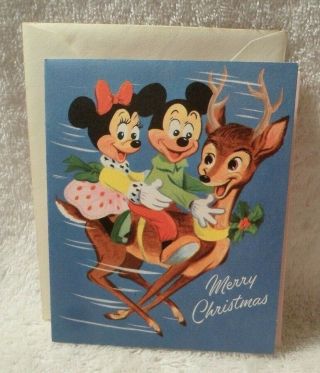 Vintage Disney Mickey Mouse Minnie Reindeer Christmas Card Gibson