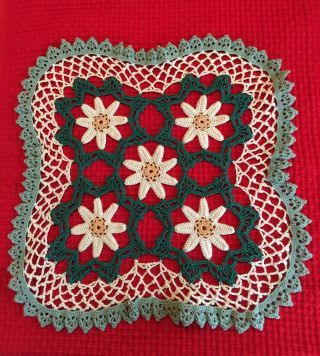 Vintage Handmade Crocheted Christmas Colors,  Greens & Golds Doily Doiley