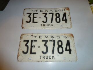 2 Vintage Matching Pair,  Front And Back 1961 Texas Truck License Plates