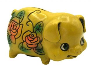 Anthropomorphic Plaster Yellow Pig Piggy Bank Coin Flowers Ha Japan Vintage Cute