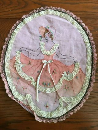 Vintage Oval Pillow Slip W/ Lady W/ Embroidery,  Lace & Ribbon 14 " X 17