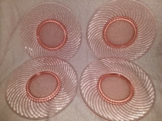 Set Of 4 Vintage Pink Depression Footed Plates With A Swirl Pattern