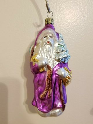 Vtg Mercury Glass Santa Claus W/ Tree Ornament Purple Mica Glitter West Germany