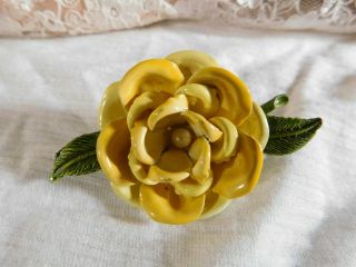 Vintage Yellow,  Green Enamel Rose Flower Statement Brooch Pin 2 1/2 "