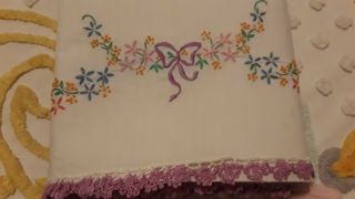 Vintage Twin Flat Sheet White Hand Embroidery & Crochet Edging 50/50 Penneys