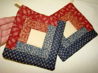 2 Vintage Amish Hand Made Quilt Pot Holder Hot Pads,  Country Red & Blue,