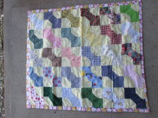 Vintage Bow Tie Hand Made Tied Lap Crib Quilt Wall Hanging Primitive Faded