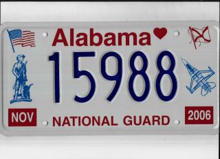 Alabama 2006 License Plate " 15988 " National Guard