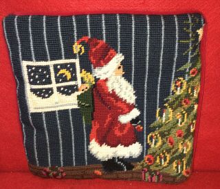 Vintage Wool Needlepoint Santa Tree Christmas Pillow Red Velvet On Back 9 " X 9 "
