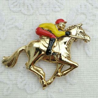 Vintage Gold Tone Yellow And Red Enamel Jockey And Race Horse Brooch Pin