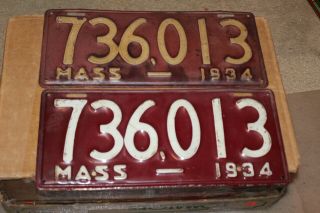 Vintage Pair 1934 Massachusetts Matched Set Of License Plates 736 - 013
