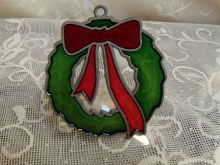 Vintage Christmas Ornament Stained Glass Wreath W/ Bow Sun Catcher