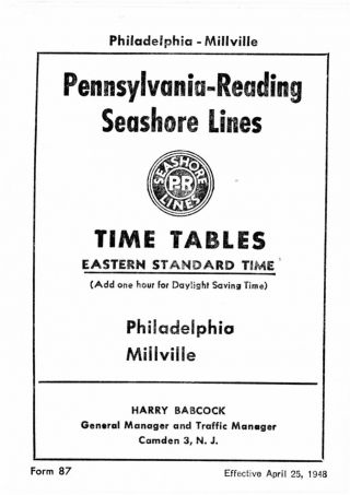 Pennsylvania - Reading Seashore Lines,  Passenger Time Table Phila - Millville 1948