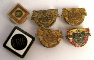 6 Vtg Erie Railroad Screw Backlapel Pins 1951 100th Anniversary Brass Enamel