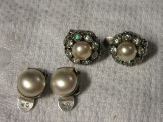 2 Pairs Of Vintage Sterling Silver & Pearl Clip On Earrings