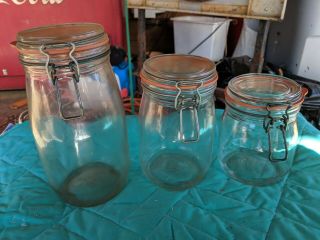 Arc Glass Storage Jars Bail Wire Hinge France Vintage 1.  5l.  1l &.  75l Set Of 3