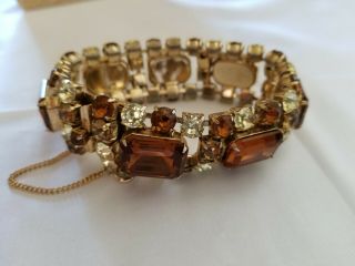 Vintage Chunky Amber And Yellow Rhinestone Bracelet With Safety Chain