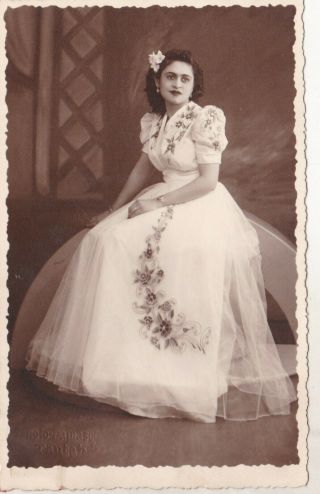Egypt Vintage Photograph.  Lady With A White Dress And Flowers In Her Hair
