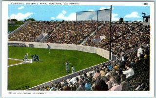 Vintage San Jose Ca Postcard " Municipal Baseball Park " Stadium Game Kropp Linen