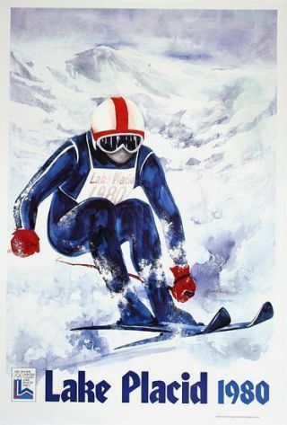 Vintage 1980 Lake Placid Winter Olympics Downhill Skiing Poster A3 Print