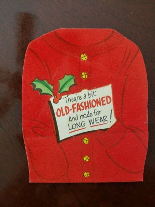 Vtg Christmas Greeting Card Diecut Flocked Red Long Underwear Mouse Humorous 50s