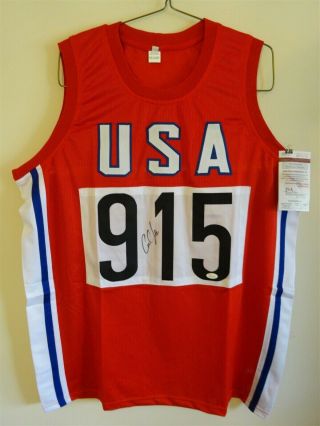 Carl Lewis Signed Auto Team Usa Track And Field Red Jersey Jsa Autographed