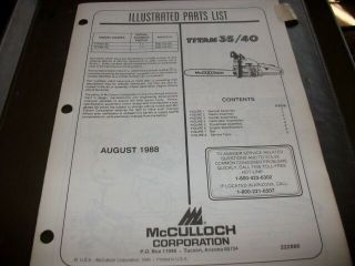 Mcculloch Titan 35/40 Chainsaw,  1988 Illustrated Parts List,  Vintage Chainsaw