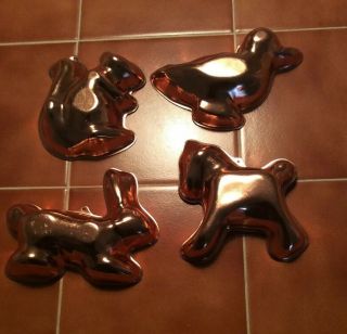 Vintage Copper Small Jello Cake Molds Set Of 4 Squirrel Rabbit & Duck & Pony