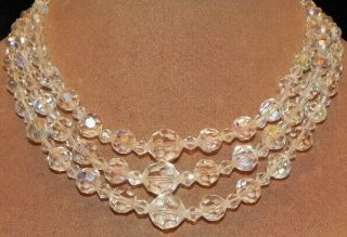Vintage Triple Strand Aurora Crystal Glass Graduated Bead 15 " Choker Necklace