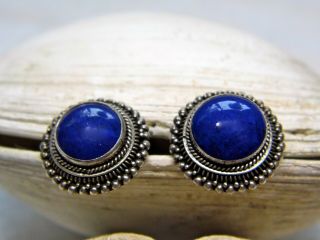 Vintage Sterling Silver Stud Earrings With Lapis Lazuli Center Stone
